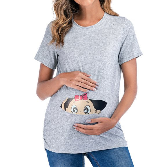 Womens Maternity Short Sleeve Crew Neck Cute Funny Graphic Ruched Sides T Shirt Tops Pregnancy Tunic Blouse Breastfeeding Clothes for Women Gray XL