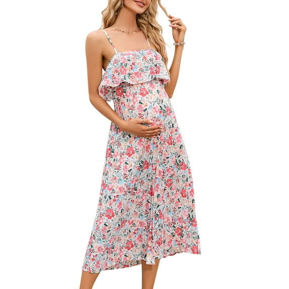 Womens Maternity Spaghetti Strap Maxi Dress Ruffle Backless Floral Boho Pleated Beach Dress