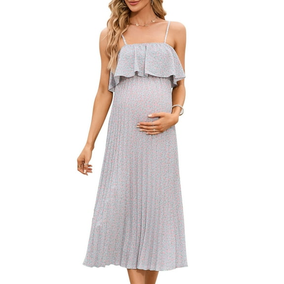 Womens Maternity Spaghetti Strap Maxi Dress Ruffle Backless Floral Boho Pleated Beach Dress