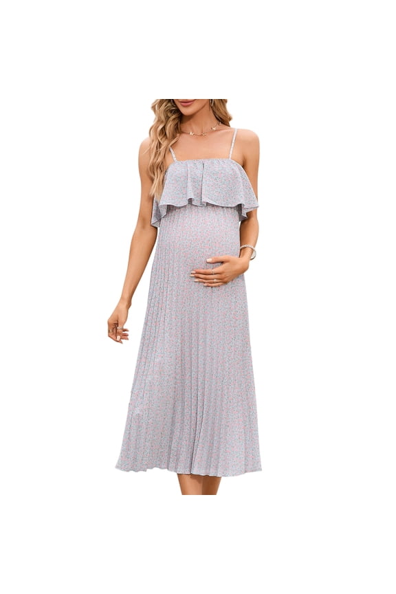 Womens Maternity Spaghetti Strap Maxi Dress Ruffle Backless Floral Boho Pleated Beach Dress