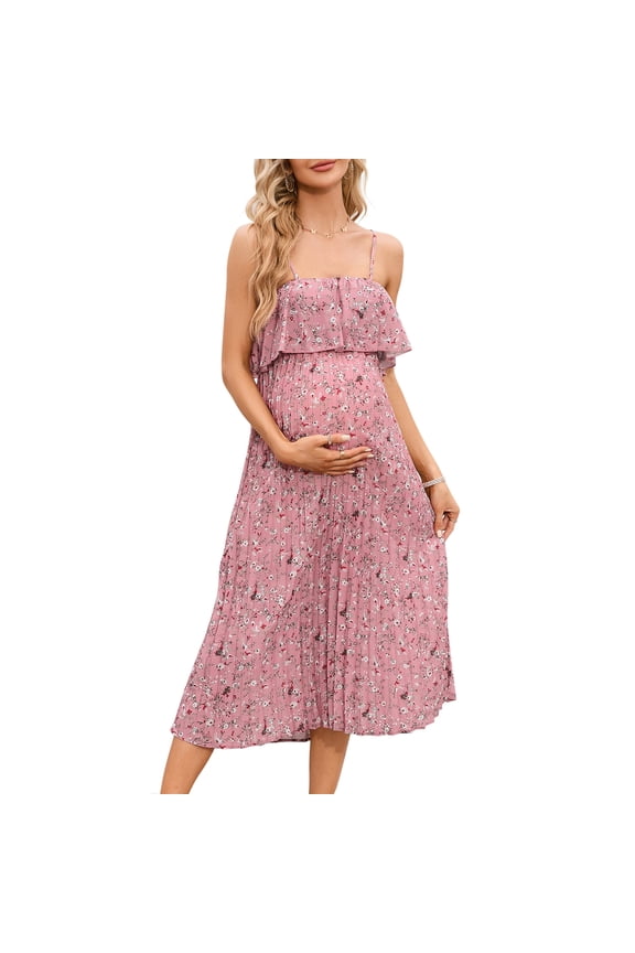 Womens Maternity Spaghetti Strap Maxi Dress Ruffle Backless Floral Boho Pleated Beach Dress