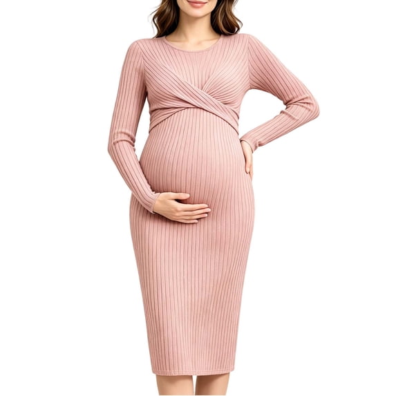 Womens Maternity Sweater Dress Twist Front Ribbed Knit Soft Bodycon Midi Dress Long Sleeve Pregnancy Clothes (L, Hot Pink)