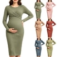 thumbnail image 1 of Womens Maternity Sweater Dress Twist Front Ribbed Knit Soft Bodycon Midi Dress Long Sleeve Pregnancy Clothes (XL, Green), 1 of 5