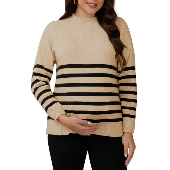 Womens Maternity Sweater Tops Long Sleeve Shirts Side Slit Stripe Ribbed Knit Mock Neck Pullover Pregnancy 2XL Brown