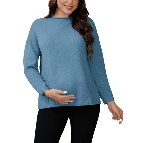 Womens Maternity Sweater Tops Long Sleeve Shirts Side Slit Stripe Ribbed Knit Mock Neck Pullover Pregnancy L Blue