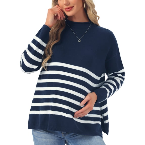 Womens Maternity Sweater Tops Long Sleeve Shirts Side Slit Stripe Ribbed Knit Mock Neck Pullover Pregnancy S Navy