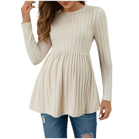 Womens Maternity Tops Long Sleeve Pregnancy Tunic Loose Blouses Crew Neck Ribbed Ruched Babydoll Maternity Shirts Beige L