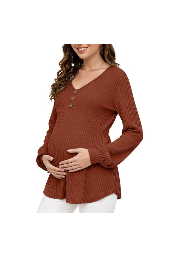 Womens Maternity Tops Long Sleeve Pregnancy Tunic Loose Blouses V Neck Ribbed Ruched Babydoll Maternity Shirts Brown S