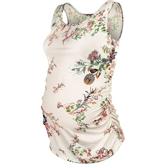 Womens Maternity Tops Summer Sleeveless Flower Printed Ruched Tank Basic Pregnancy Shirt Clothes For Womens