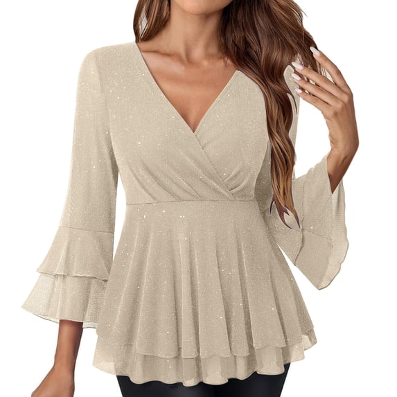 Womens Maternity Tunic Work Tops Dressy Casual Ruffle 3/4 Sleeve V Neck Double Layers Chiffon Blouses Tops