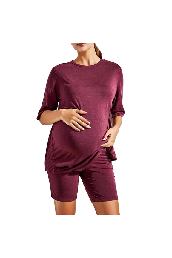 Womens Maternity Two Piece Sets Crew Neck Short Sleeve Tops and Elastic Waist Shorts Pajamas Loose Pregnancy Outfit Set