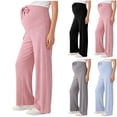 thumbnail image 1 of Womens Maternity Wide Leg Pants - Stretch Pregnancy Pants Tie Waist Over The Belly Seamless Ribbed Ice Silk Long Trousers with Pockets, Pinks, XXL, 1 of 8