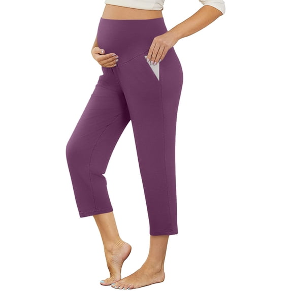 Womens Maternity Yoga Capri Pants - Solid Color, High Waist with Pocket, Stretchy Fabric for Pregnancy Workouts and Casual Wear