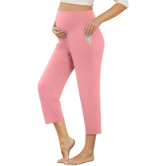 Womens Maternity Yoga Capri Pants - Solid Color, High Waist with Pocket, Stretchy Fabric for Pregnancy Workouts and Casual Wear