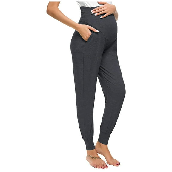 Womens Maternity Yoga Pants Over The Belly Pregnancy Activewear Tights Comfy Stretchy Leggings Workout Running Trousers with Pockets