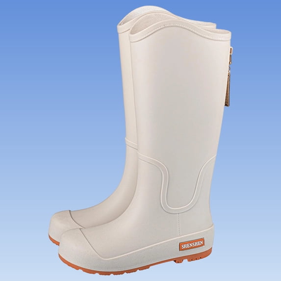 Womens Matte Mid Calf Tall Rain Boots Round Toe Deep Tread Non Slip Waterproof Rubber Wellies for Gardening Hiking Rainy Outdoor Fashion Outfits Beige 36
