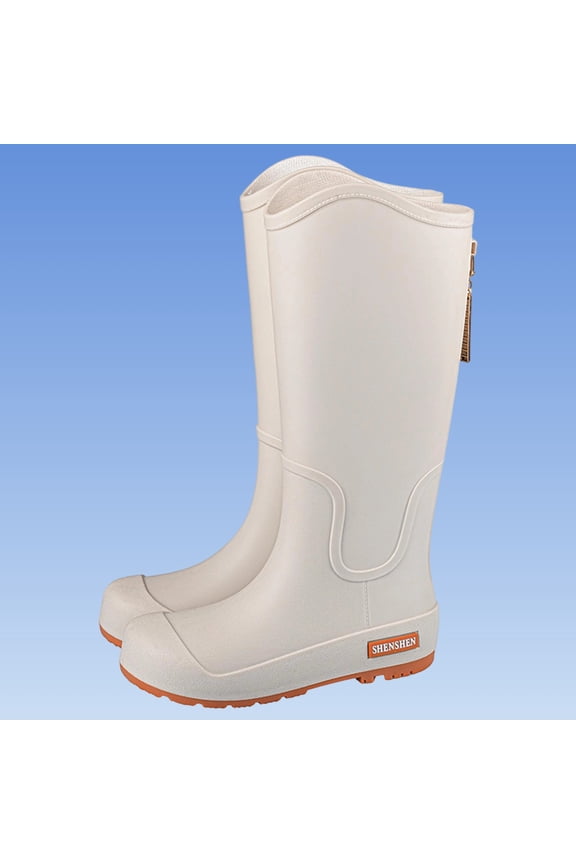 Womens Matte Mid Calf Tall Rain Boots Round Toe Deep Tread Non Slip Waterproof Rubber Wellies for Gardening Hiking Rainy Outdoor Fashion Outfits Beige 36