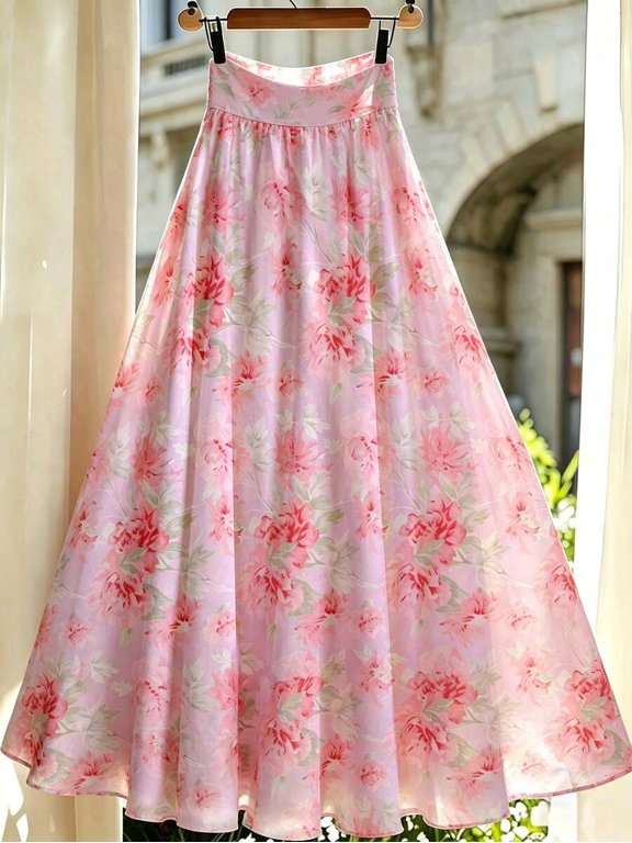 Womens Mauve Purple Floral A-Line Maxi Skirt, Flowing Summer Print Skirt With Soft Peony Pattern