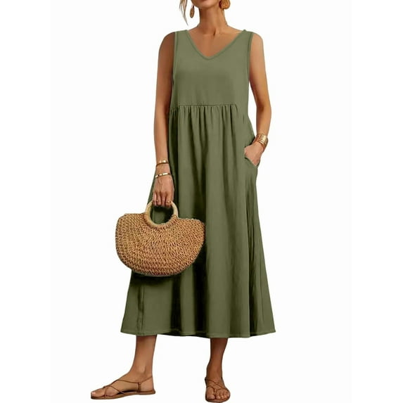 Womens Maxi Dress 2025 Sleeveless Summer Dresses V Neck Casual Tiered Sundresses with Pockets Green S