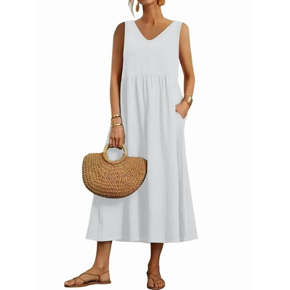 Womens Maxi Dress 2025 Sleeveless Summer Dresses V Neck Casual Tiered Sundresses with Pockets White XXXL