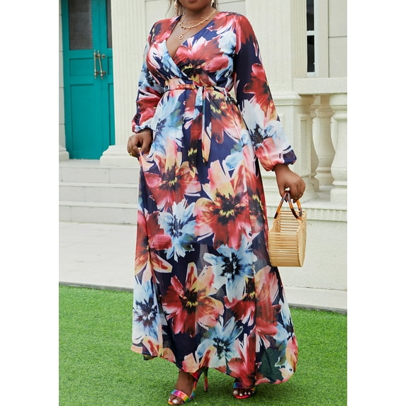 Womens Maxi Dress Boho Chiffon Floral Printed V-Neck Long Dresses Casual Floral Print Long Maxi Dress Plus Size Plain Party Outfits