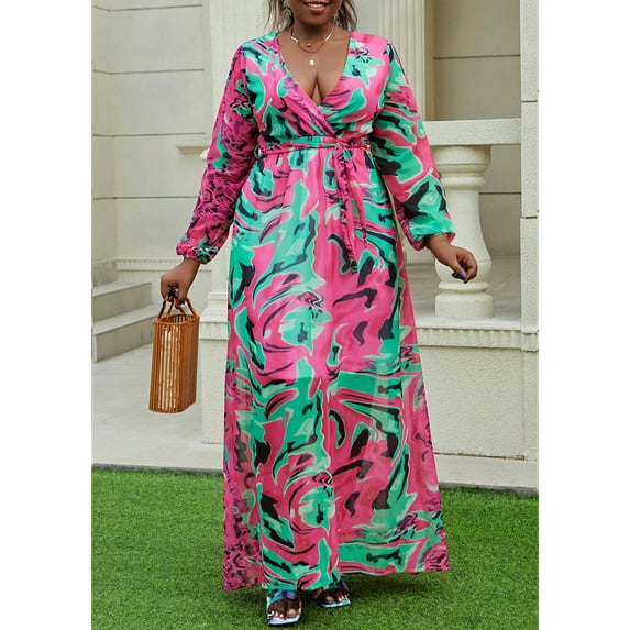Womens Maxi Dress Boho Chiffon Floral Printed V-Neck Long Dresses Casual Floral Print Long Maxi Dress Plus Size Plain Party Outfits