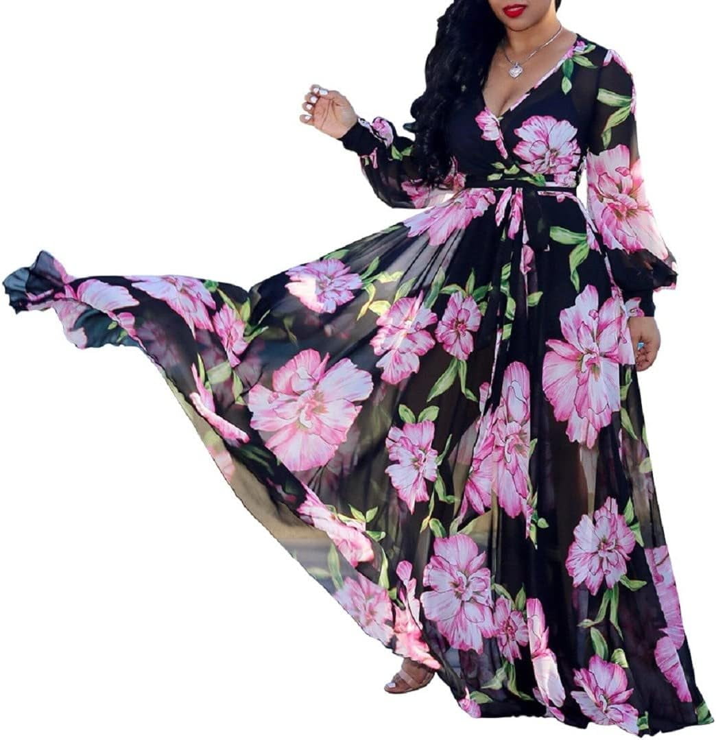 Plus Size Boho Floral Print Long Sleeve Maxi Dress