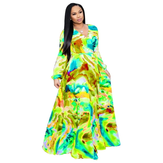 Womens Maxi Dress Boho Chiffon Floral Printed V-Neck Long Dresses Casual Floral Print Long Maxi Dress Plus Size Plain Party Outfits
