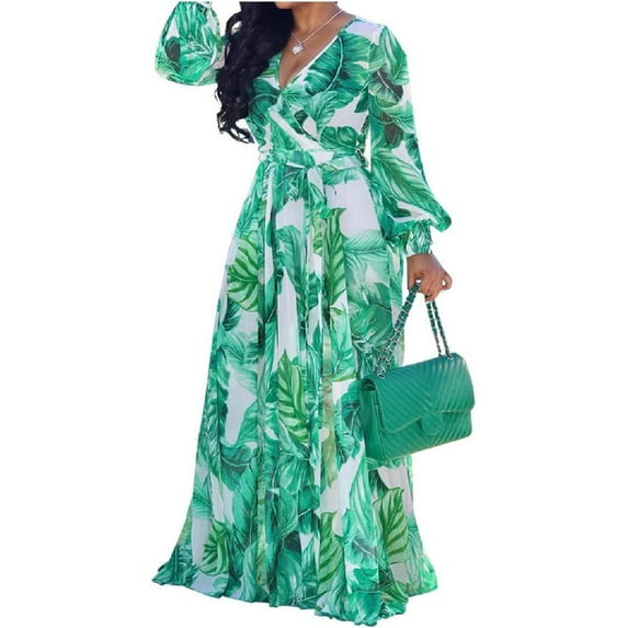 Womens Maxi Dress Boho Chiffon Floral Printed V-Neck Long Dresses Casual Floral Print Long Maxi Dress Plus Size Plain Party Outfits