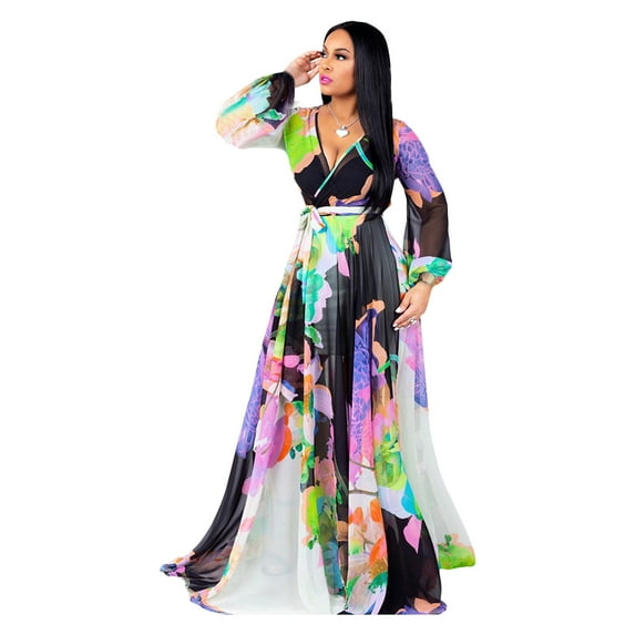 Womens Maxi Dress Boho Chiffon Floral Printed V-Neck Long Dresses Casual Floral Print Long Maxi Dress Plus Size Plain Party Outfits