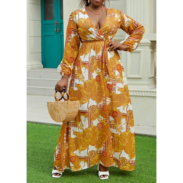 Womens Maxi Dress Boho Chiffon Floral Printed V-Neck Long Dresses Casual Floral Print Long Maxi Dress Plus Size Plain Party Outfits