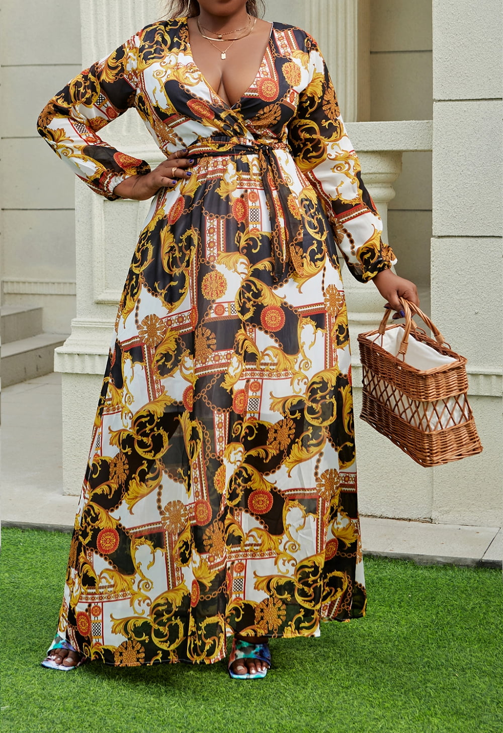 Womens Maxi Dress Boho Chiffon Floral Printed V-Neck Long Dresses Casual  Floral Print Long Maxi Dress Plus Size Plain Party Outfits - Walmart.com