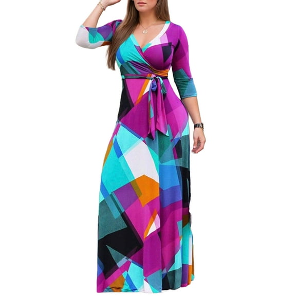 Womens Maxi Dress Casual V-Neck 3/4 Sleeve High Waist Dress