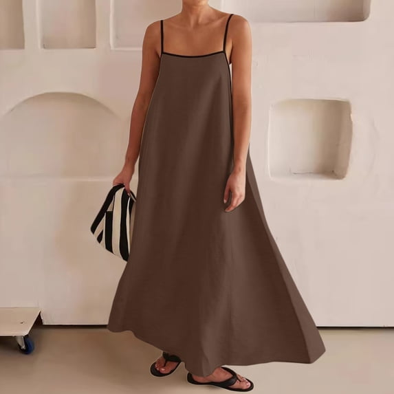 Womens Maxi Dress Contrast Trim Spaghetti Straps Summer Outfits Travel Vacation Sleeveless Long Dresses Long Sleeve Summer Dresses Loose Summer Dress Midi Summer Dresses for Women Cute for Women Lon