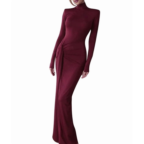 Womens Maxi Dress Long Sleeve Ruched Bodycon Club Party Casual Wedding Dresses Wine Red M