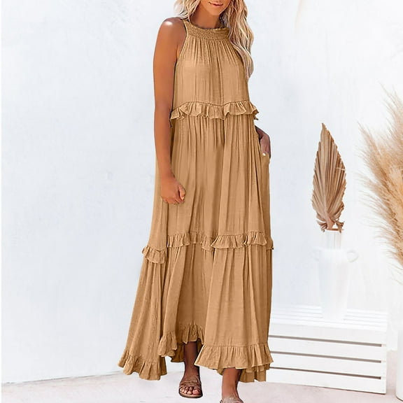 Womens Maxi Dress Sleeveless Tiered Beach Dress Casual Loose Swing Boho Smocked Ruffle Casual Dresses for Summer Womens Dresses Short Casual Midi Dresses for Women Casual Summer Active Dress Dress for