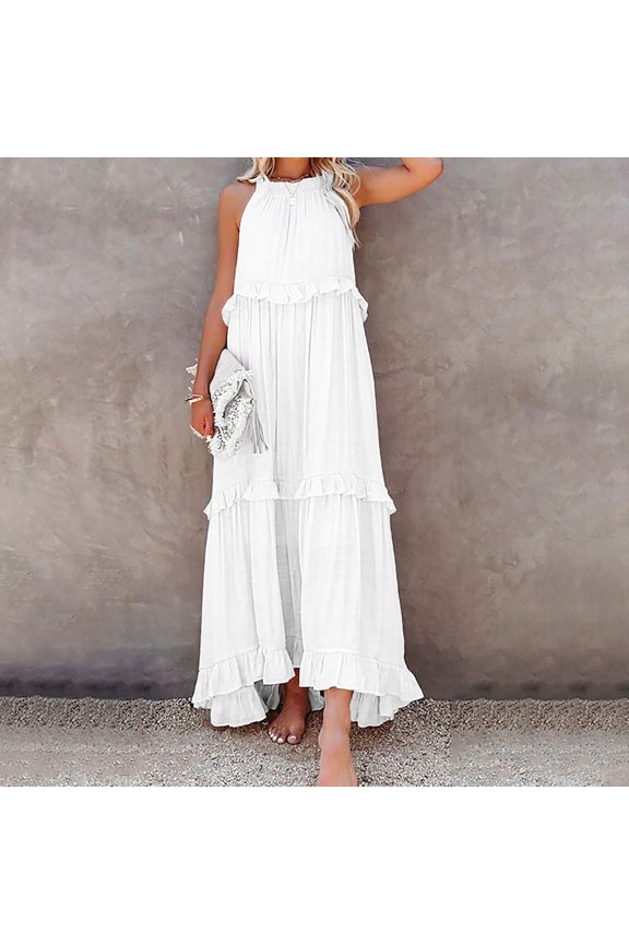 Womens Maxi Dress Sleeveless Tiered Beach Dress Casual Loose Swing Boho Smocked Ruffle Dresses Swing Women Party Dresses Womens Dresses Summer Long Dress for Women Women Maxi Dresses Summer Sleeveless