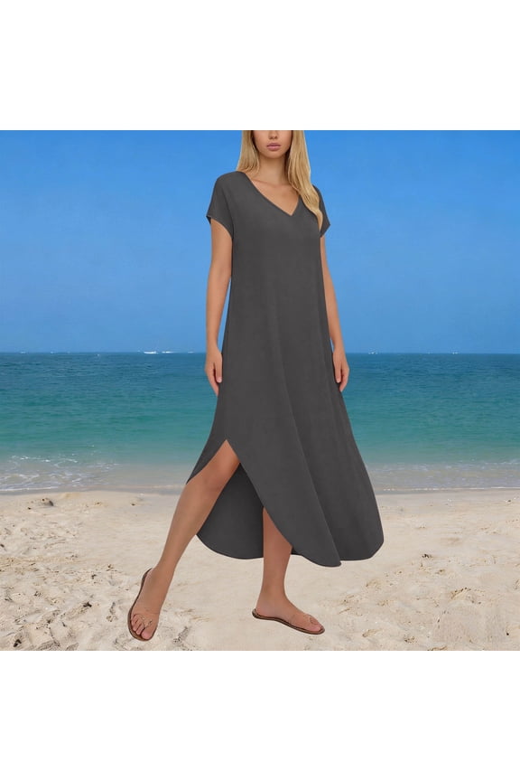 Womens Maxi Dress Summer Casual Loose Comfy Side Split Short Sleeve V Neck Long Dresses with Pockets