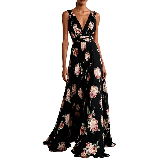 Womens Maxi Dresses Flowy Ruched Floral Print Boho Dress Wrap V Neck Sleeveless Sundress Elegant Formal Party Wedding Guest Dresses Beach Vacation Outfit