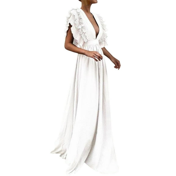 Womens Maxi Dresses For Summer Wrap V Neck Ruffle Sleeve Tiered Midi Tie Waist A Line Long Evening Gowns White M