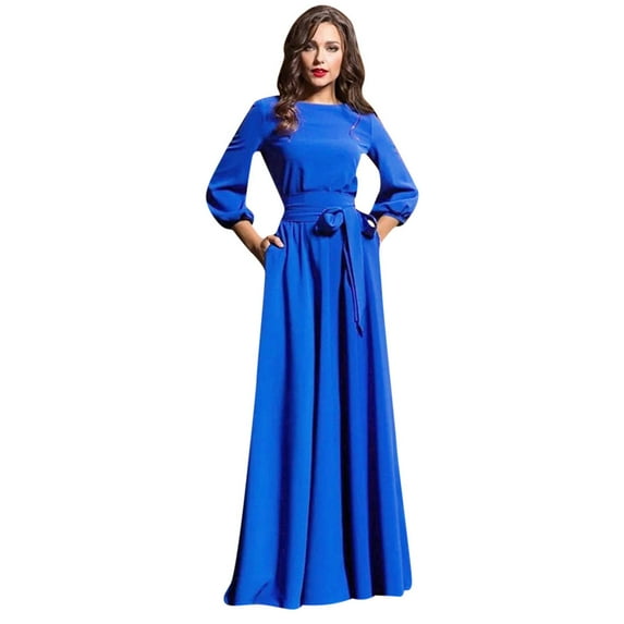 Womens Maxi Dresses Lantern Sleeve Solid Long With Belt Gown Blue S