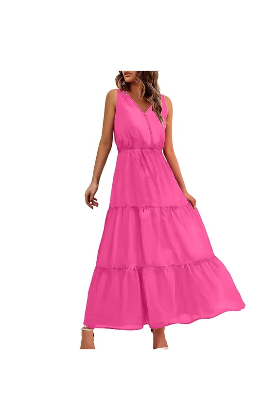 Womens Maxi Dresses Loose Summer Boho V-Neck Flowy Long Dress Elegant Sleeveless Ruffle A Line Tunic Dress Casual Vacation Party Tiered Tank Dresses for Ladies and GirlsWQ-fyc0522omi