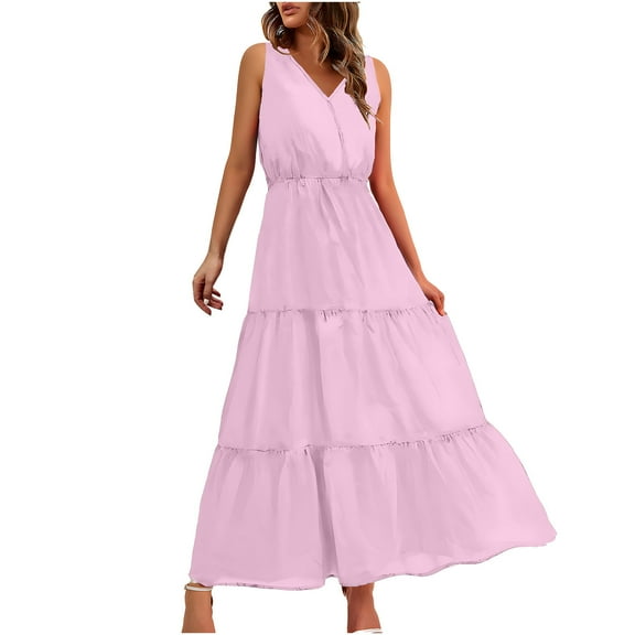 Womens Maxi Dresses Loose Summer Boho V-Neck Flowy Long Dress Elegant Sleeveless Ruffle A Line Tunic Dress Casual Vacation Party Tiered Tank Dresses for Ladies and GirlsWQ-fyc0522omi