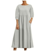 Womens Maxi Dresses Summer Casual Boho Cotton Linen Sundress with Pockets Loose Flowy Swing Vacation Long Dress