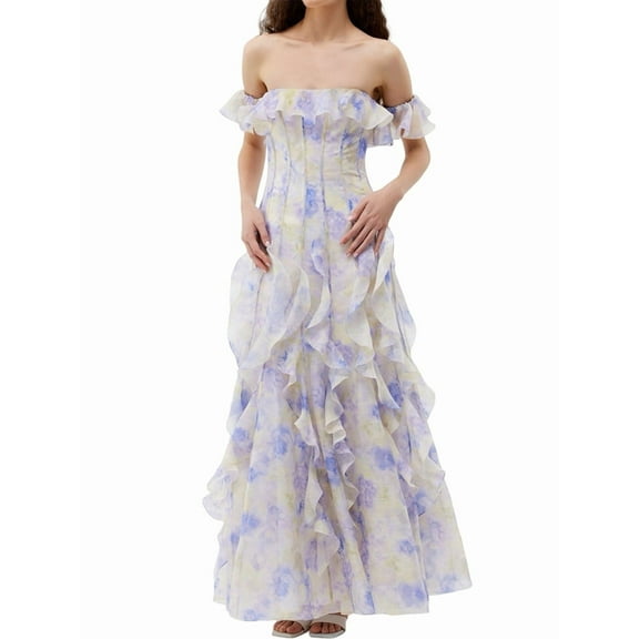 Womens Maxi Dresses Summer Off Shoulder Floral Dress Ruffle Beach Flowy Boho Wedding Guest Dress White S