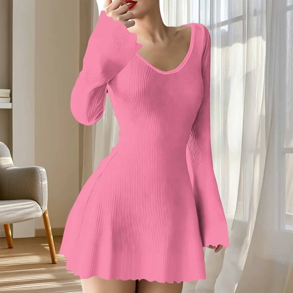 Womens Maxi Dresses Women Long Sleeve Mini Dress Summer V Neck Casual Flare Ribbed Knit A-Line Short Sweater Dresses L