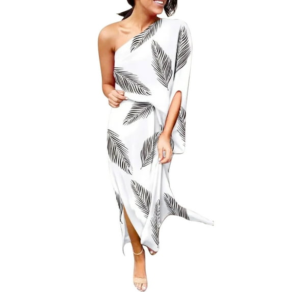 Womens Maxi Dresses Womens Floral Print One Shoulder Ruched Short Dress Butterfly Sleeve Asymmetrical Hem Wrap Front Party Dresses(White,XL)