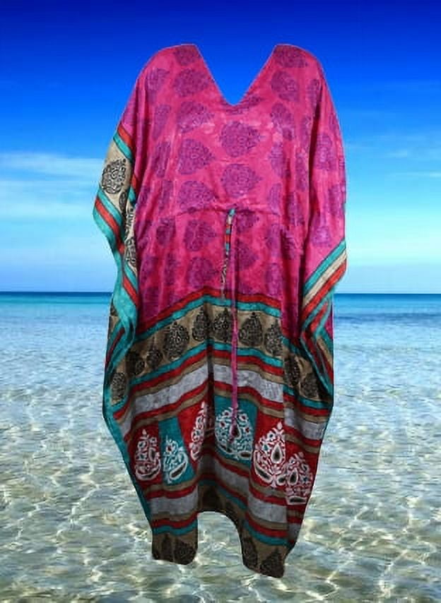 Bimba Caftano Maxi Donna In Raso Con Stampa Floreale E Uccelli - Teal Blue, Vestito Copricostume Da Spiaggia Lungo 52 Pollici