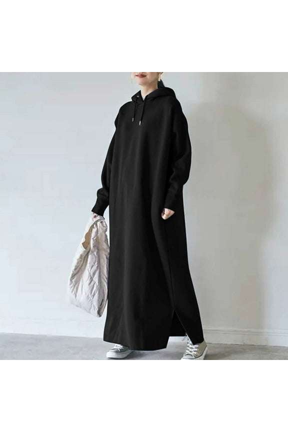 Womens Maxi Long Hoodie Dress, Solid Color Pullover Long Hooded Sweatshirt for Muslin Fall Winter Loose Dress Black XXL