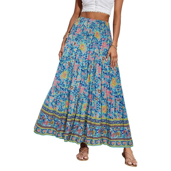 Womens Maxi Skirt 2025 Casual Flowy Elastic High Waist Long Skirts with Pockets Summer Beach Style Cyan 2XL
